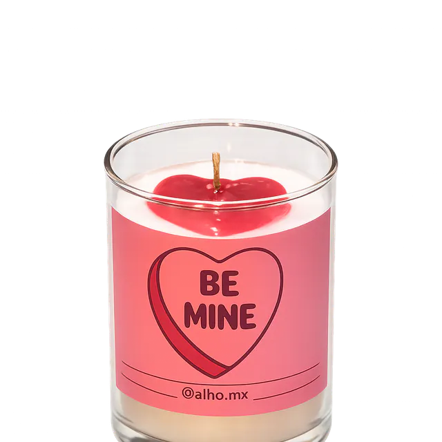 Vela Be Mine de Alho con etiqueta rosa y corazón rojo