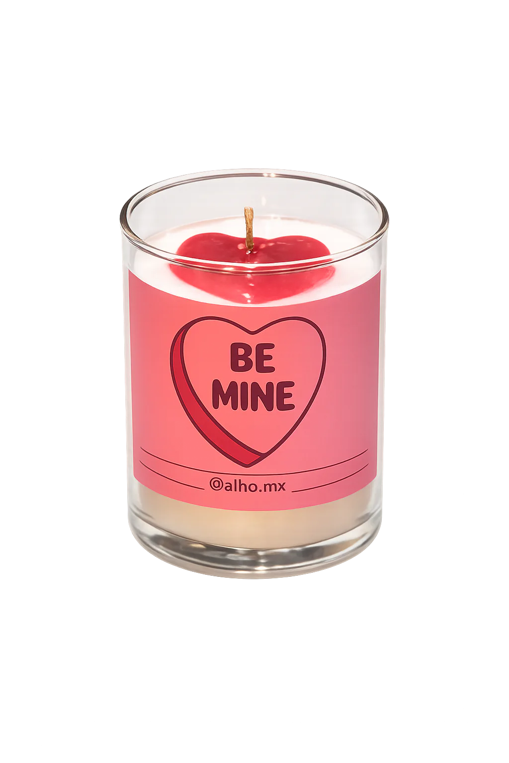 Vela Be Mine de Alho con etiqueta rosa y corazón rojo