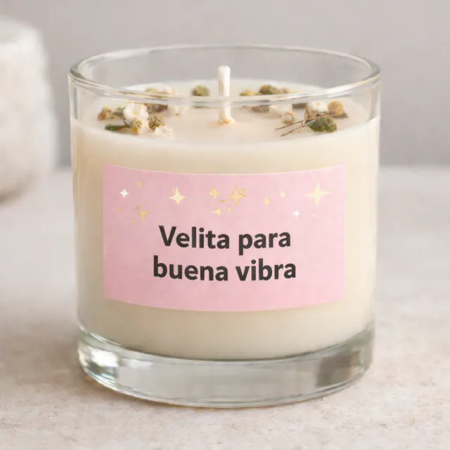 Vela Alho con etiqueta rosa que dice Velita para buena vibra
