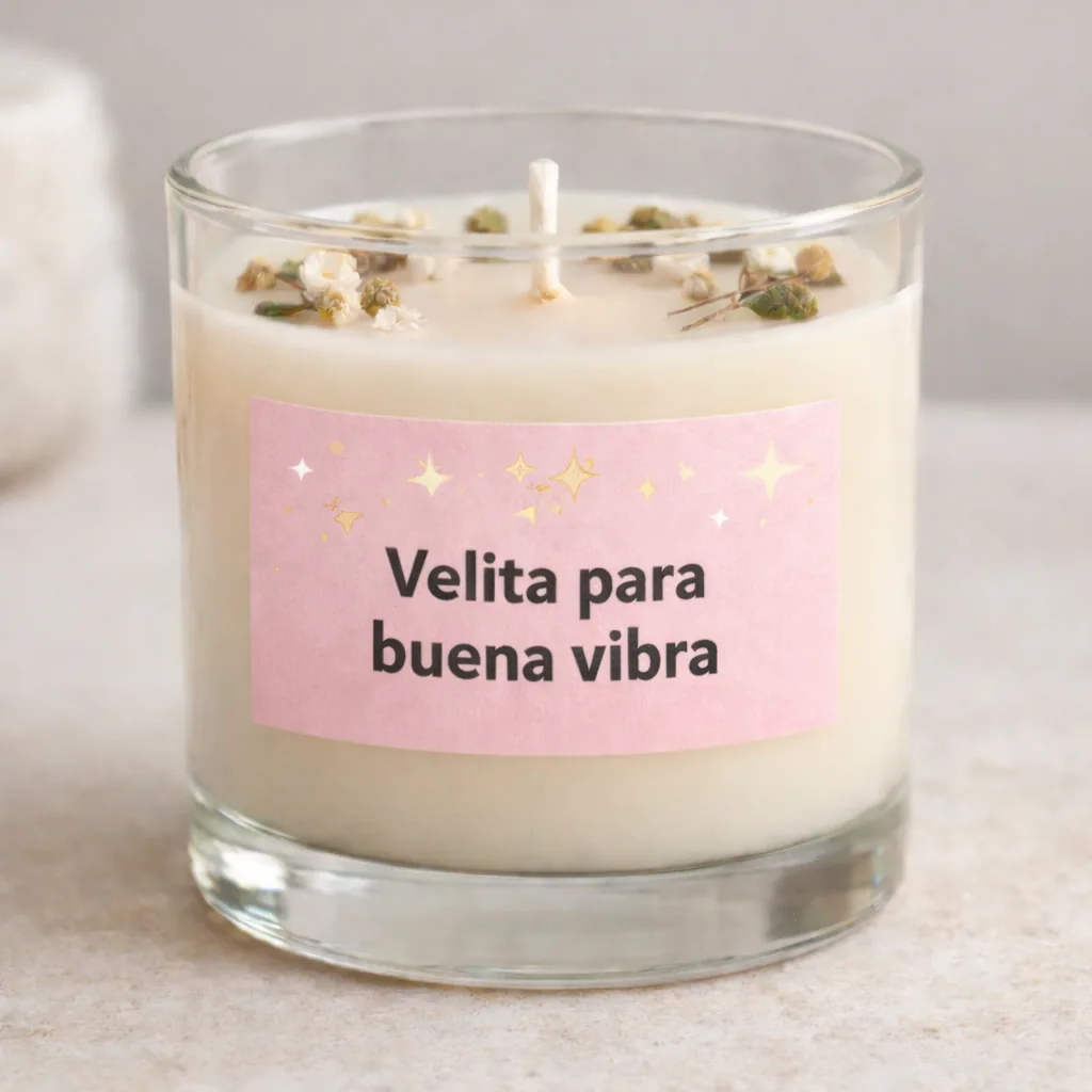 Vela Alho con etiqueta rosa que dice Velita para buena vibra