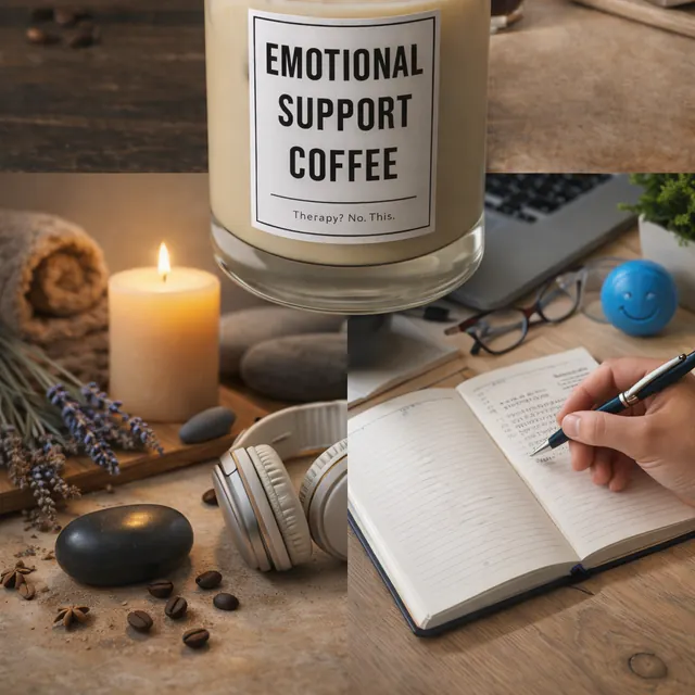 Vela Emotional Support Coffee de Alho en un ambiente de café y trabajo