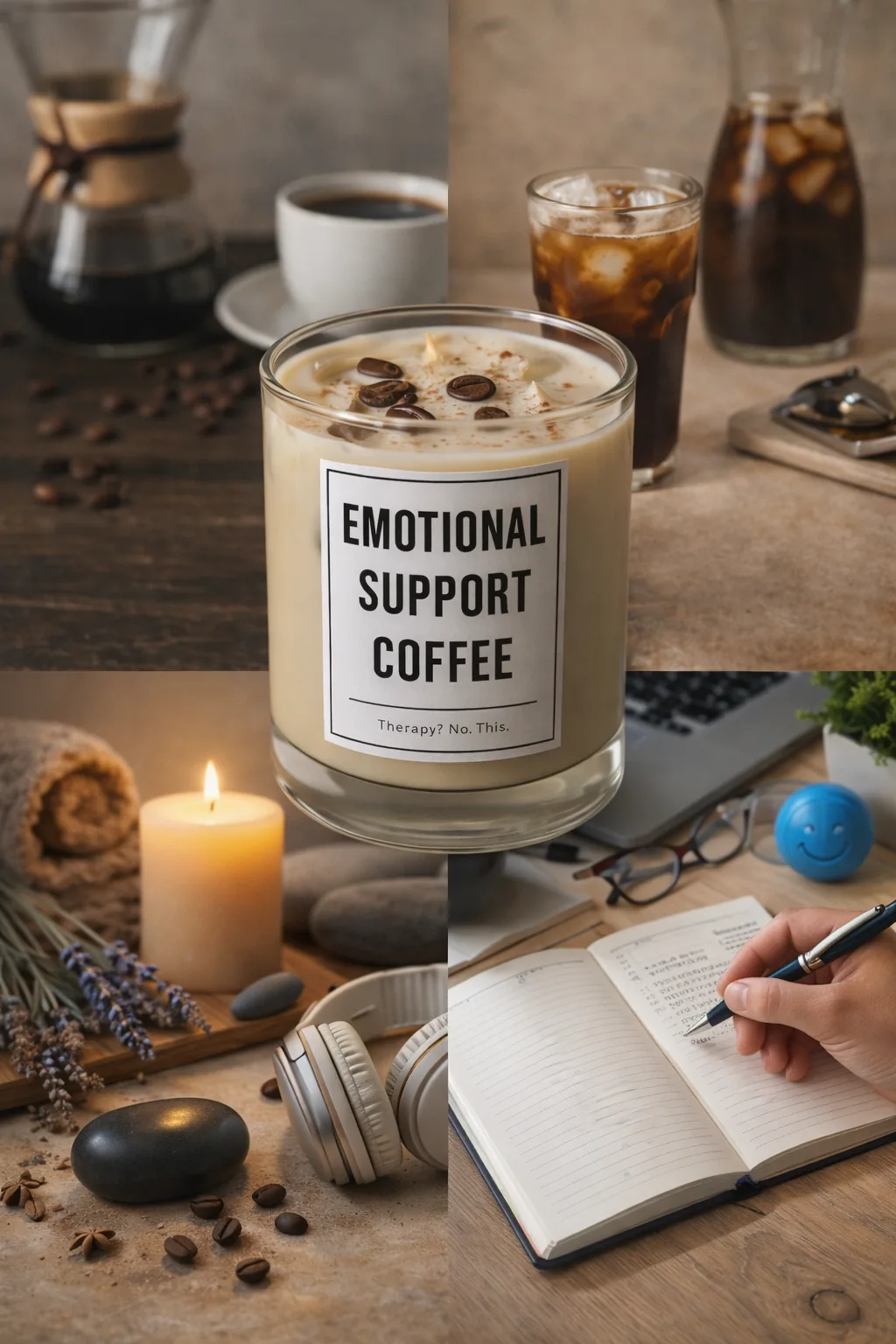 Vela Emotional Support Coffee de Alho en un ambiente de café y trabajo